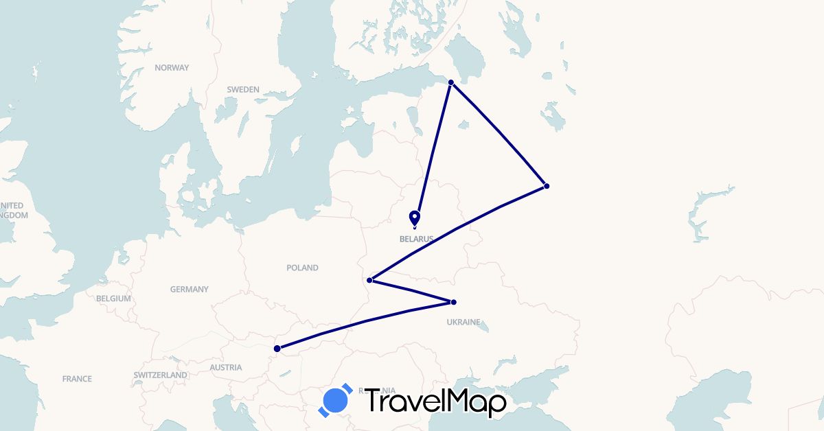 TravelMap itinerary: driving in Belarus, Russia, Slovakia, Ukraine (Europe)